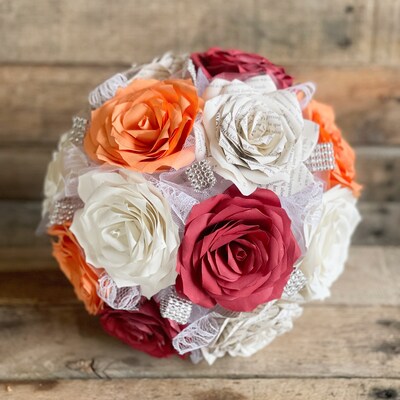 Paper book page and filter paper rose wedding bouquet in peach, white, and burgundy - image3